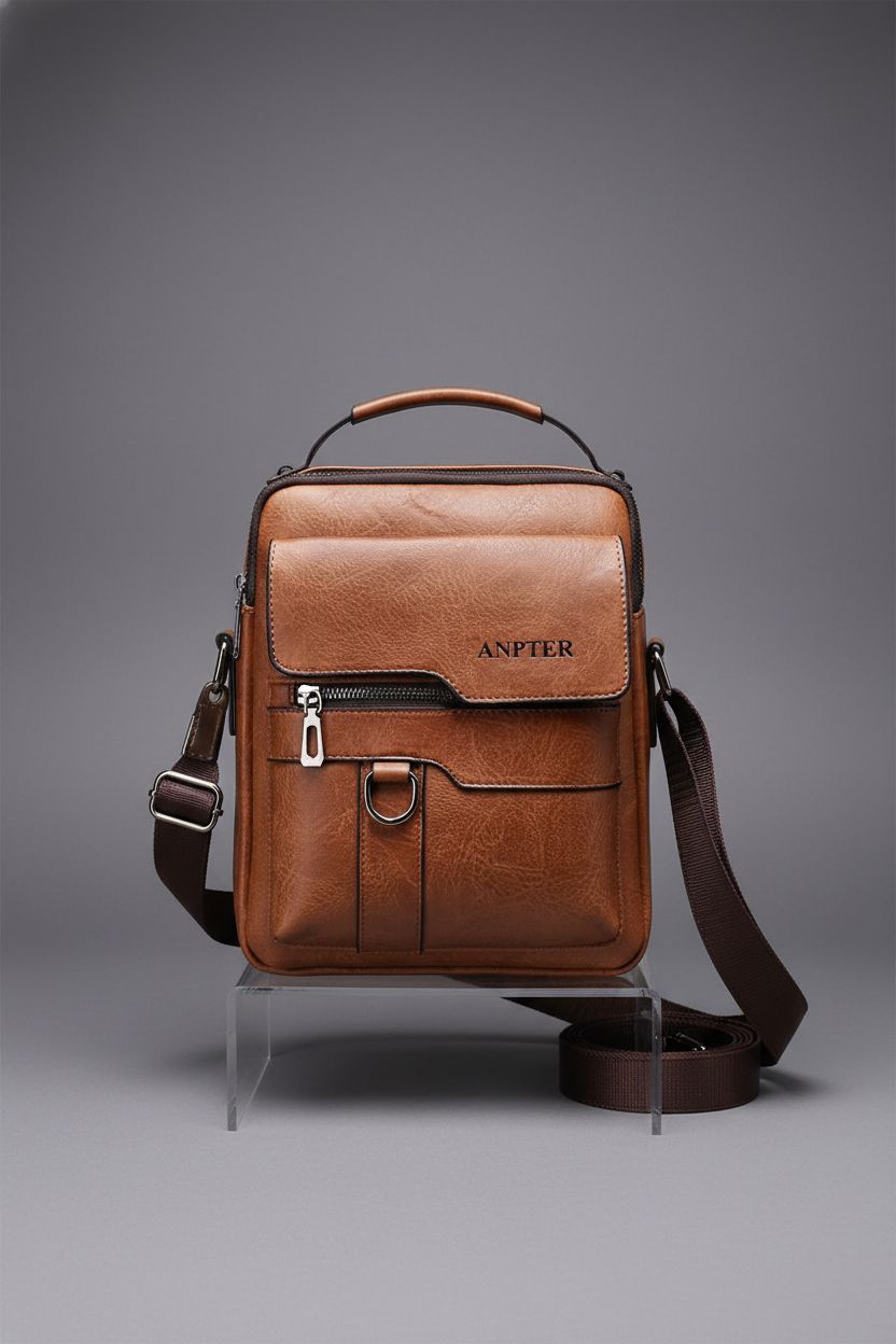 Product shot of ANPTER brown messenger bag showcasing pebble PU texture and design details.