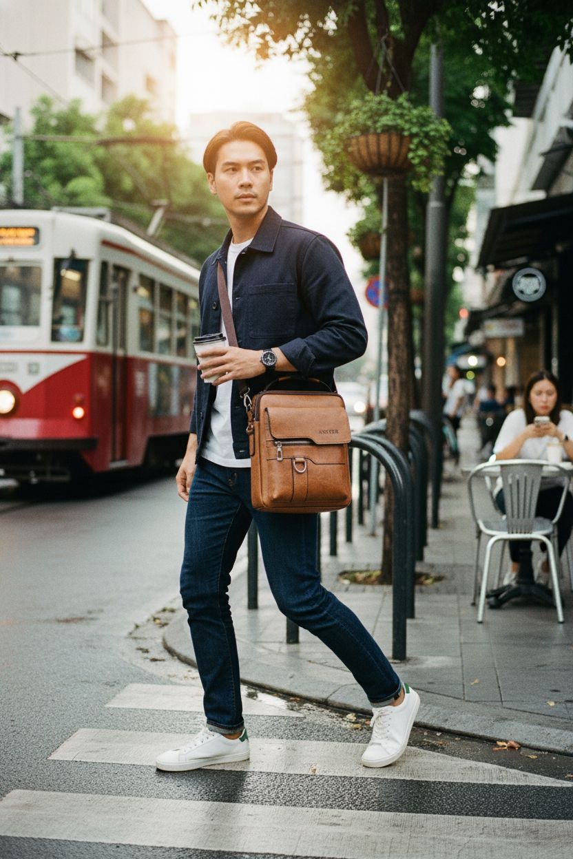 Man stepping off curb with brown messenger bag, wearing navy chore jacket - ANPTER crossbody style.