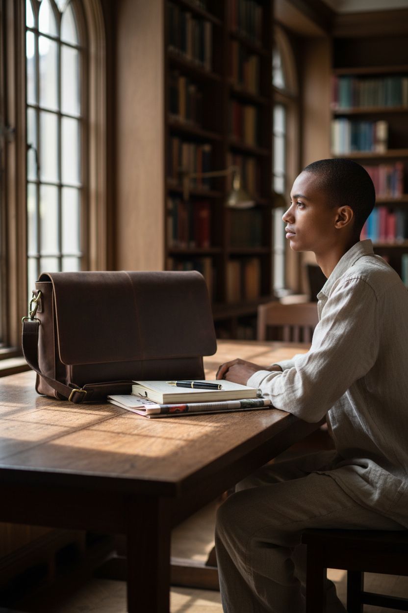 Oak Leathers leather messenger bag resting on a table in a vintage library, ideal for study and work.