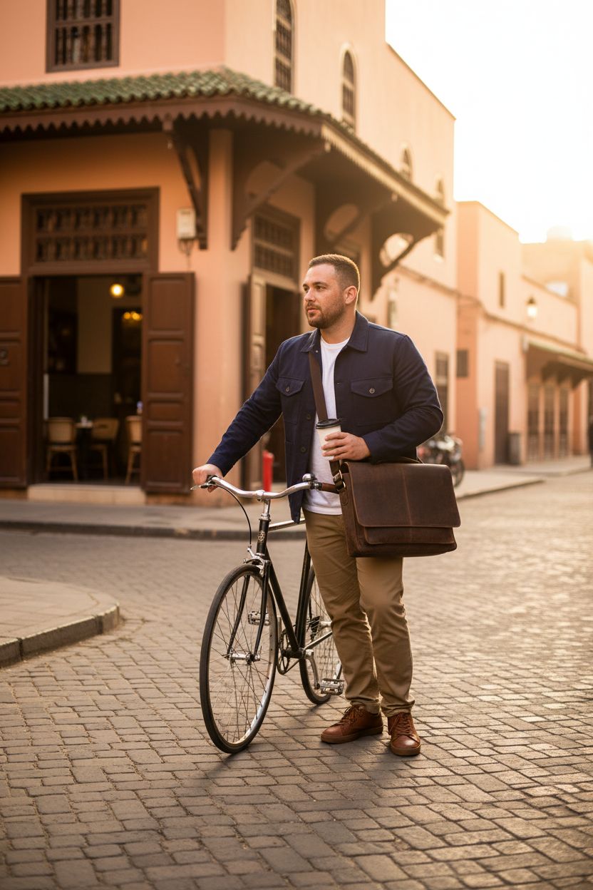 Rustic brown Oak Leathers leather messenger bag worn crossbody, perfect for biking and casual outings.