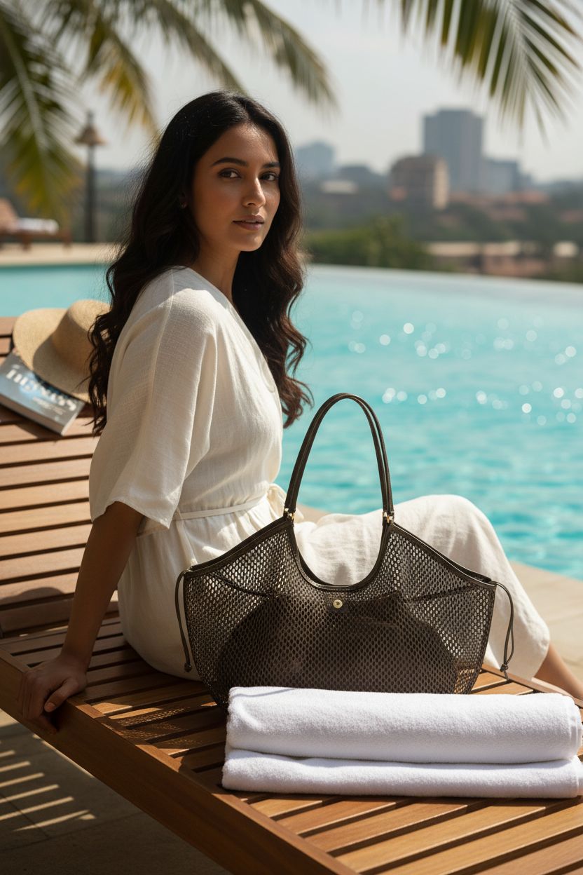 Molodo mesh hobo bag lounging poolside, enhancing a relaxed summer vibe.