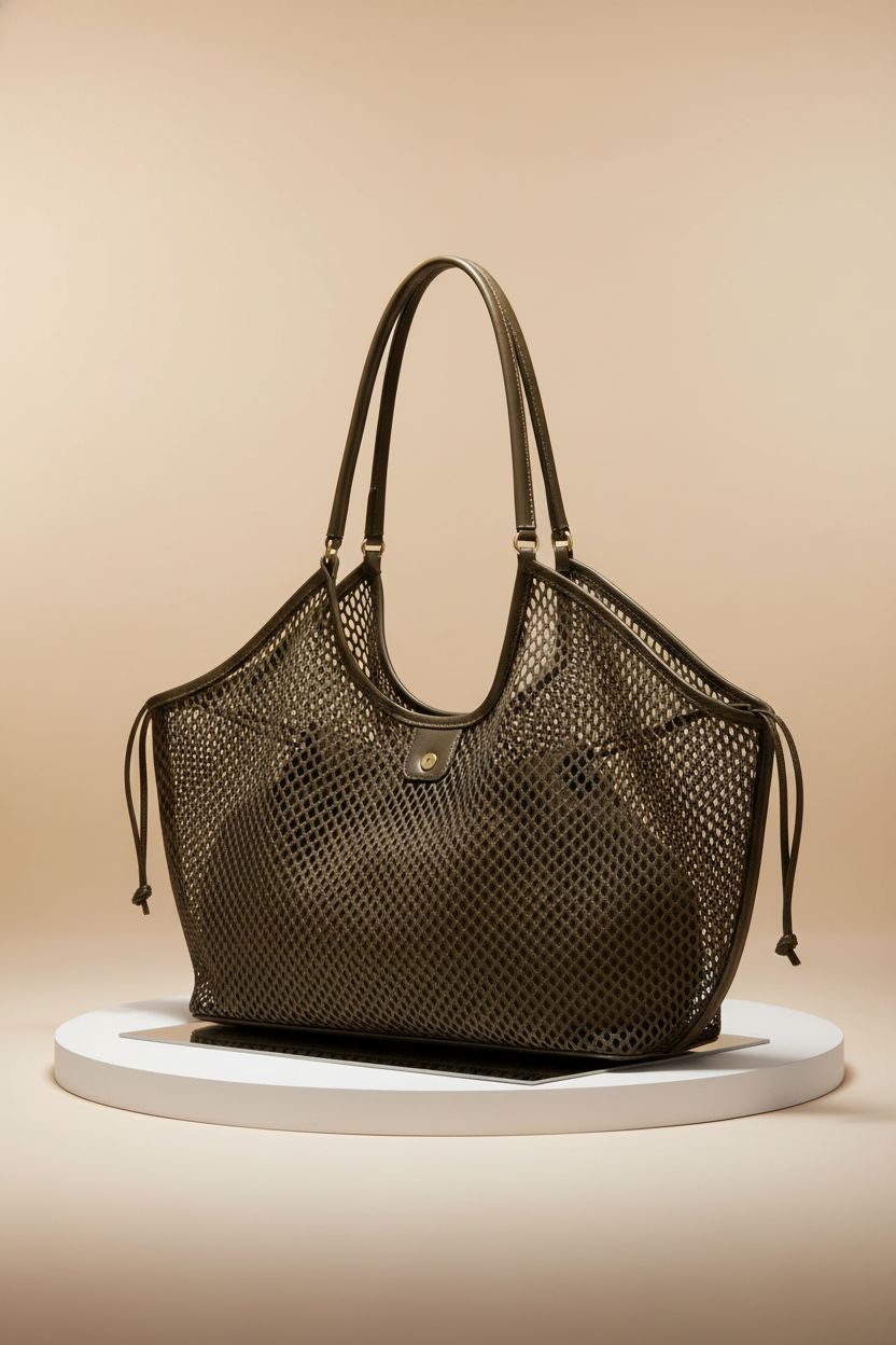Product shot of Molodo large mesh hobo bag on a clean editorial set showcasing its design.