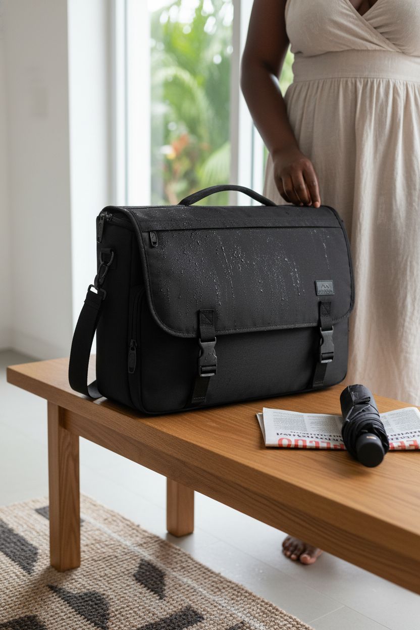 MATEIN messenger bag resting on an oak bench with raindrops, perfect for home or office settings
