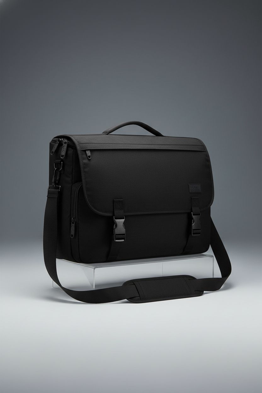 Close-up of MATEIN messenger bag highlighting nylon fabric, stitching, and metal hardware details