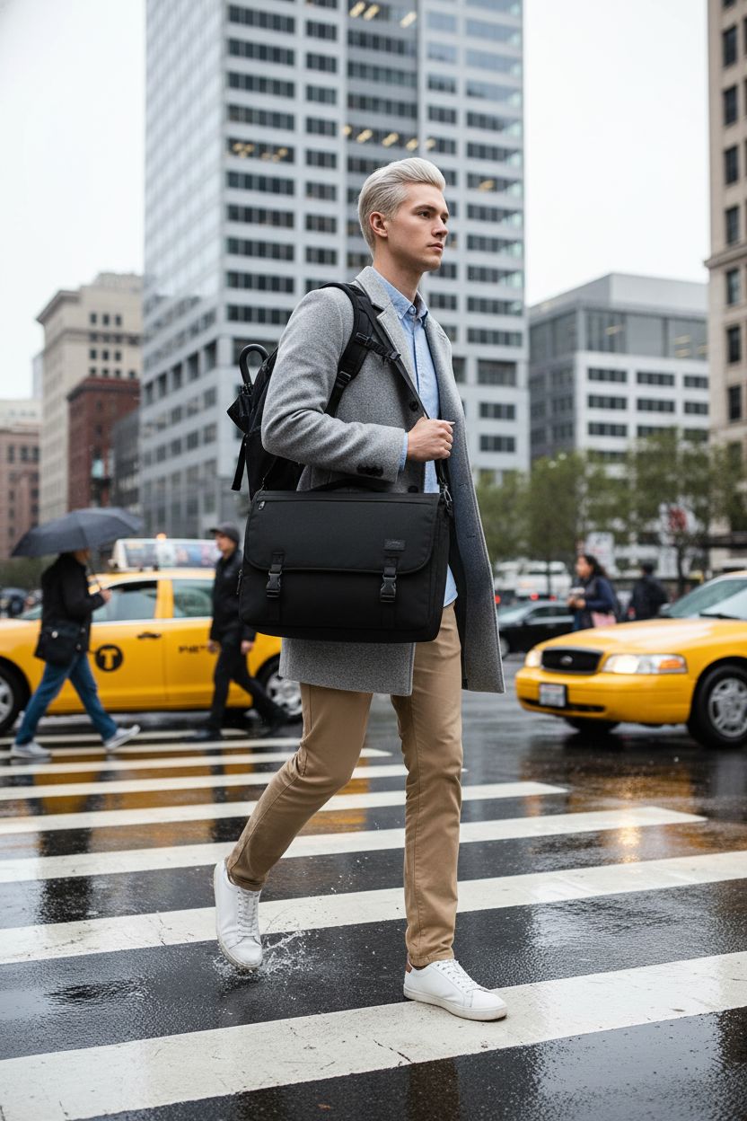 MATEIN black messenger bag worn crossbody in a city crosswalk, ideal for commuters in any weather