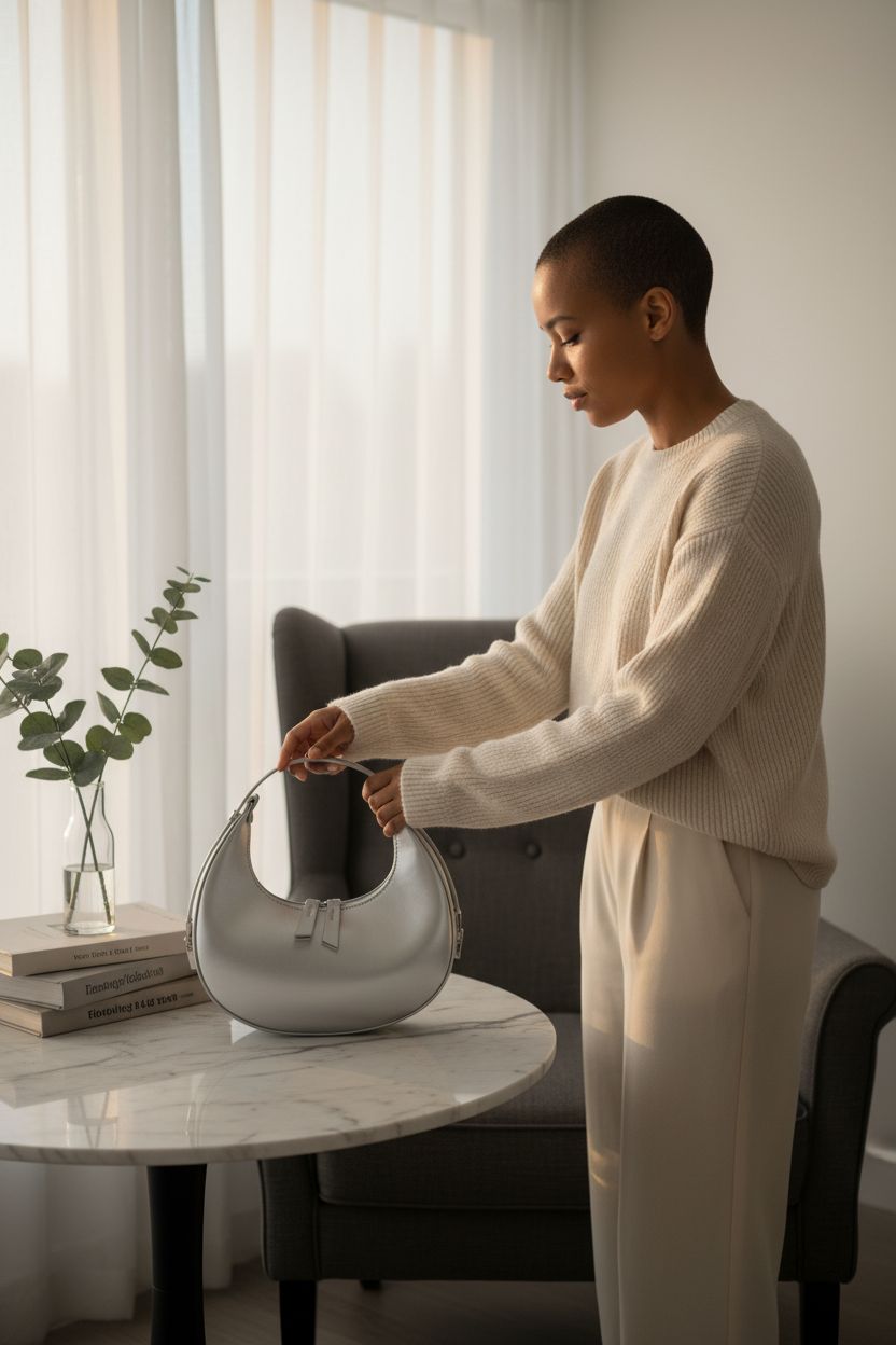FantasyBear silver crescent bag elegantly placed on marble table, surrounded by design books in a cozy reading nook.