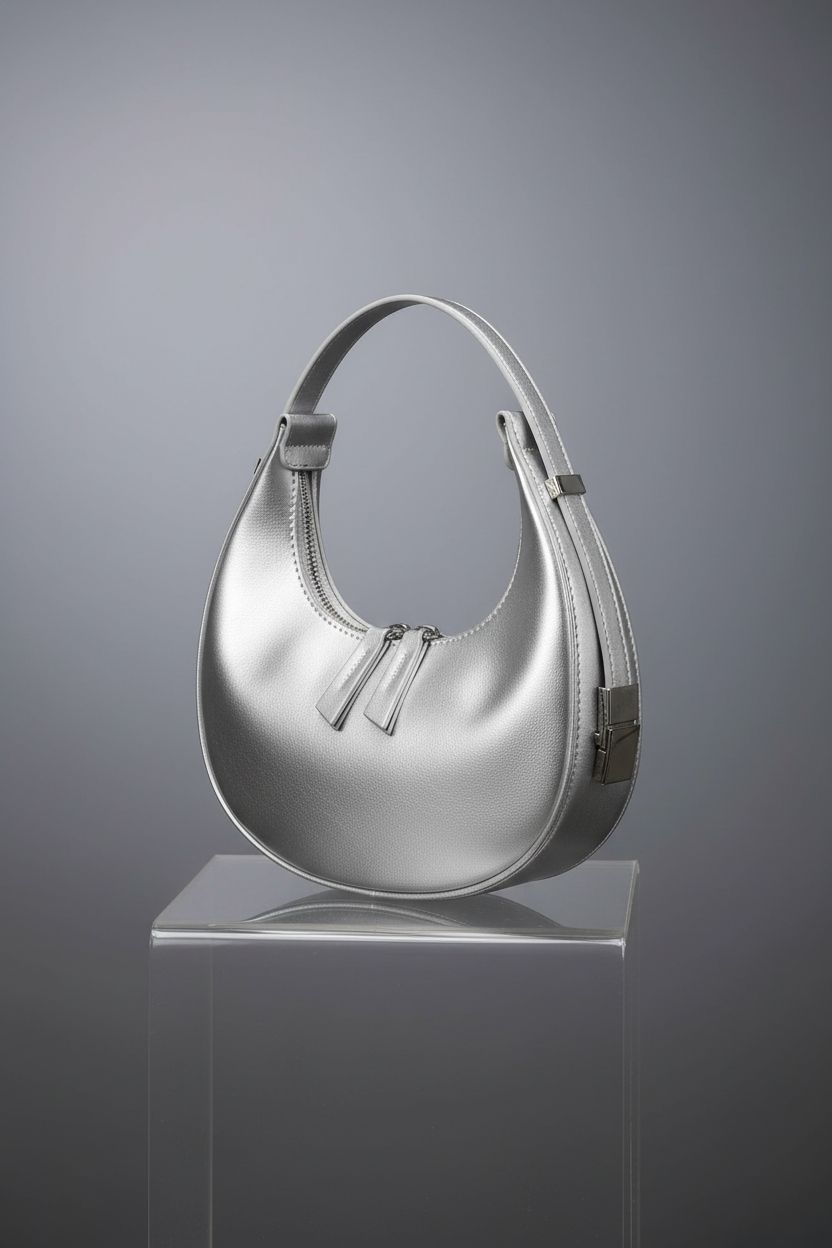 Close-up of FantasyBear metallic bag on an acrylic block, showcasing its design details and double zipper features.