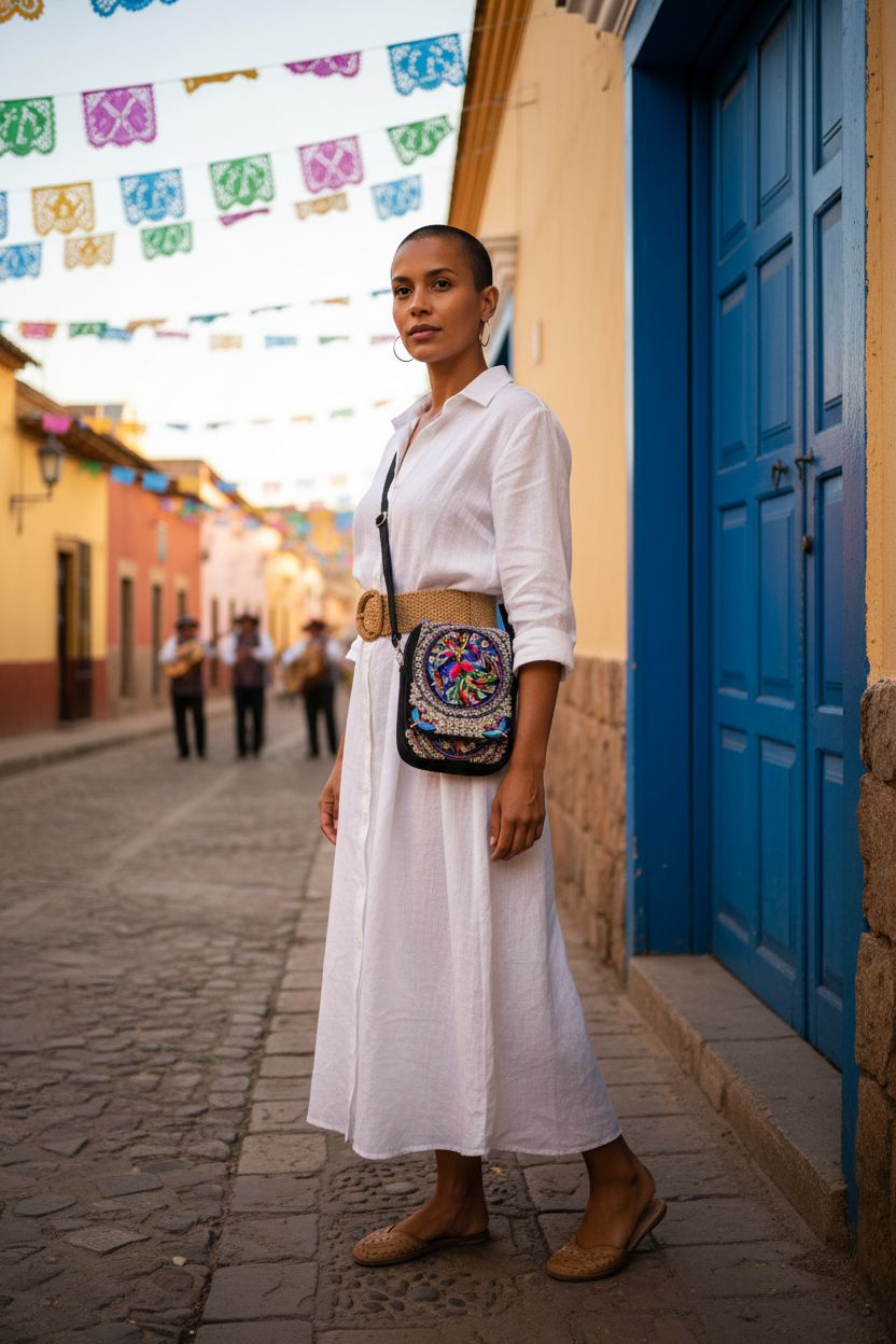 BigBigMe multicolor embroidered mini crossbody bag against vibrant street backdrop.