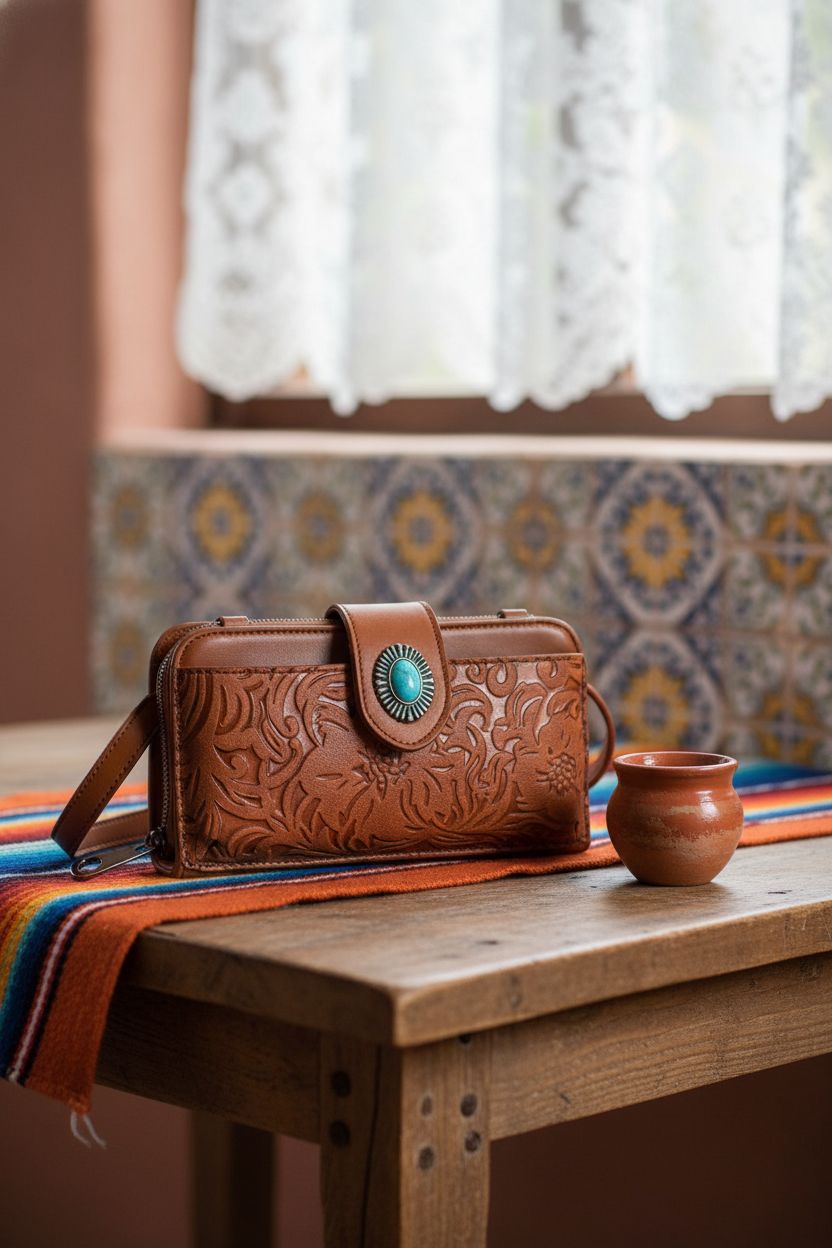 LAVAWA embossed leather purse on a rustic table, showcasing its unique design and craftsmanship.