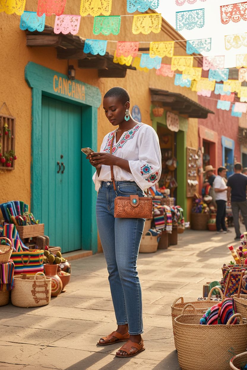 LAVAWA small western crossbody purse in vibrant mercado setting, ideal for stylish outings.