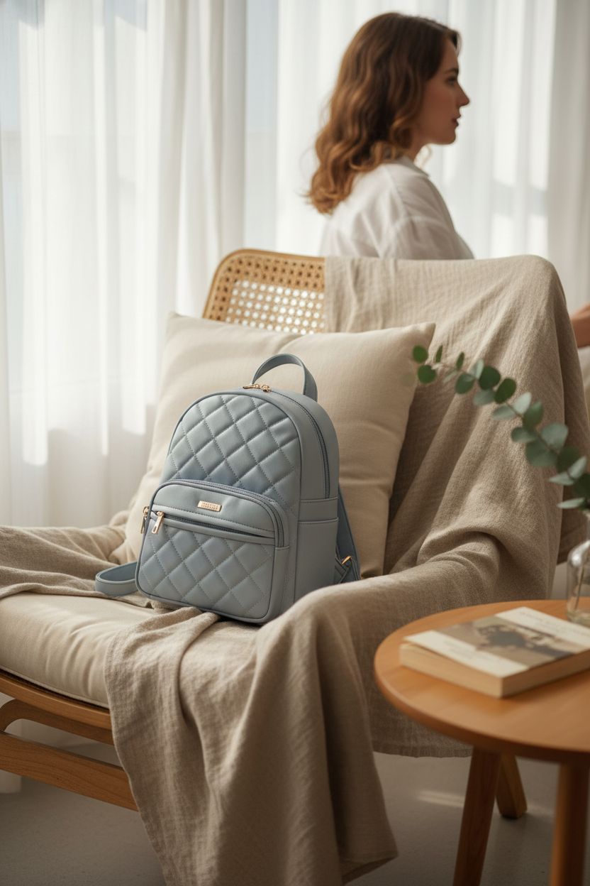 Serene setting with Marvolia light blue mini backpack purse on a rattan chair with a cozy vibe.