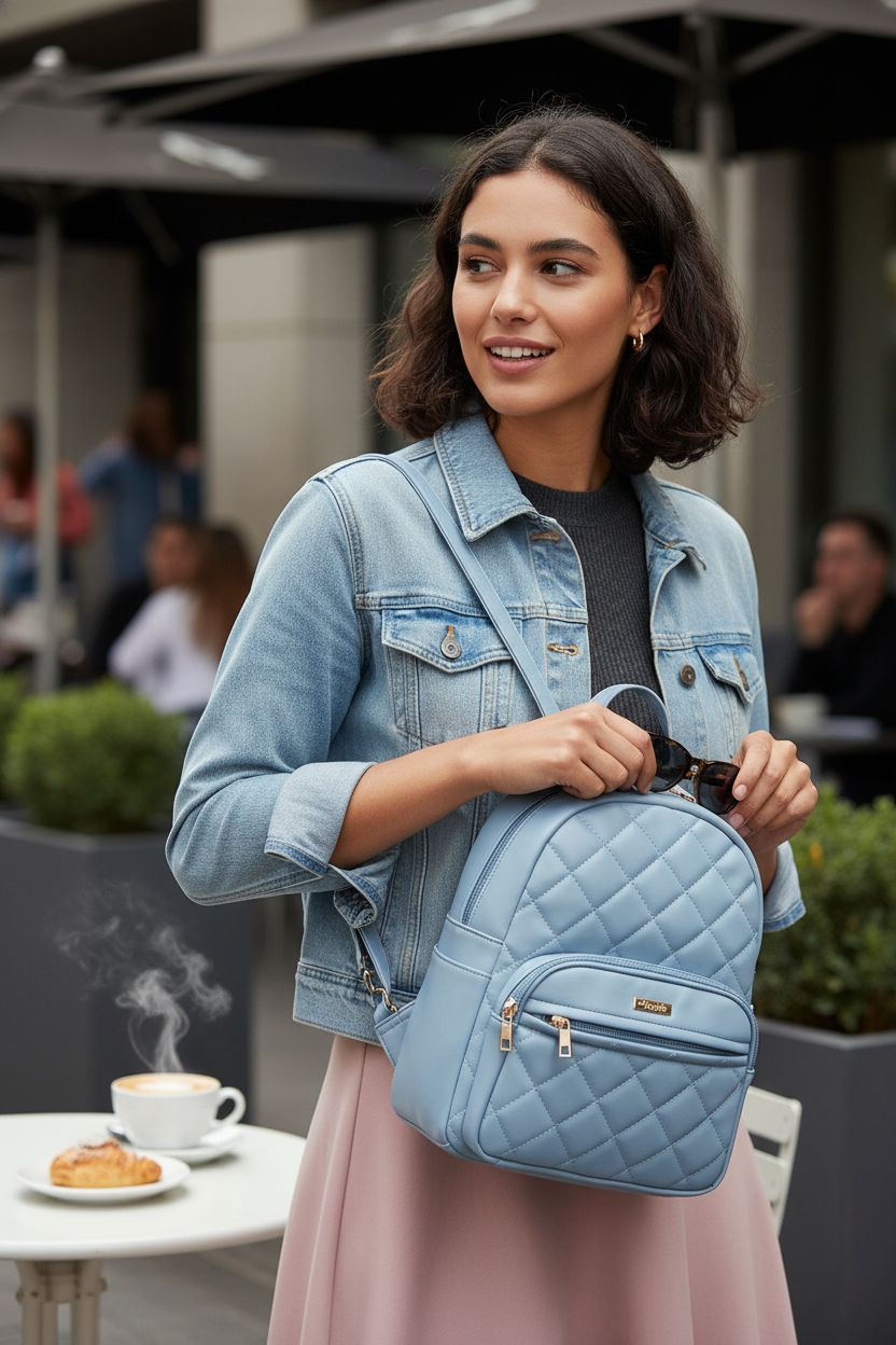 Marvolia vegan leather mini backpack purse in light blue, stylishly placed outside a café.