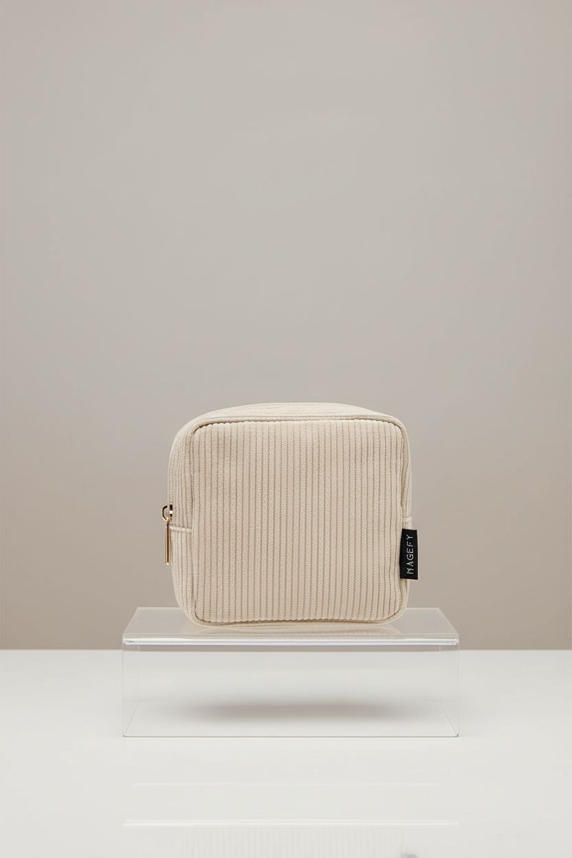 MAGEFY beige corduroy makeup bag on a studio set, highlighting its elegant design and functionality