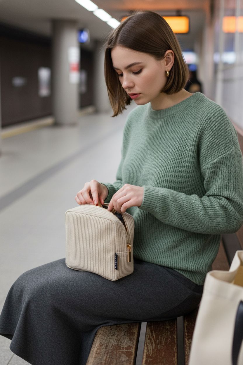 MAGEFY small beige cosmetic pouch on a subway platform, perfect for quick access to beauty essentials