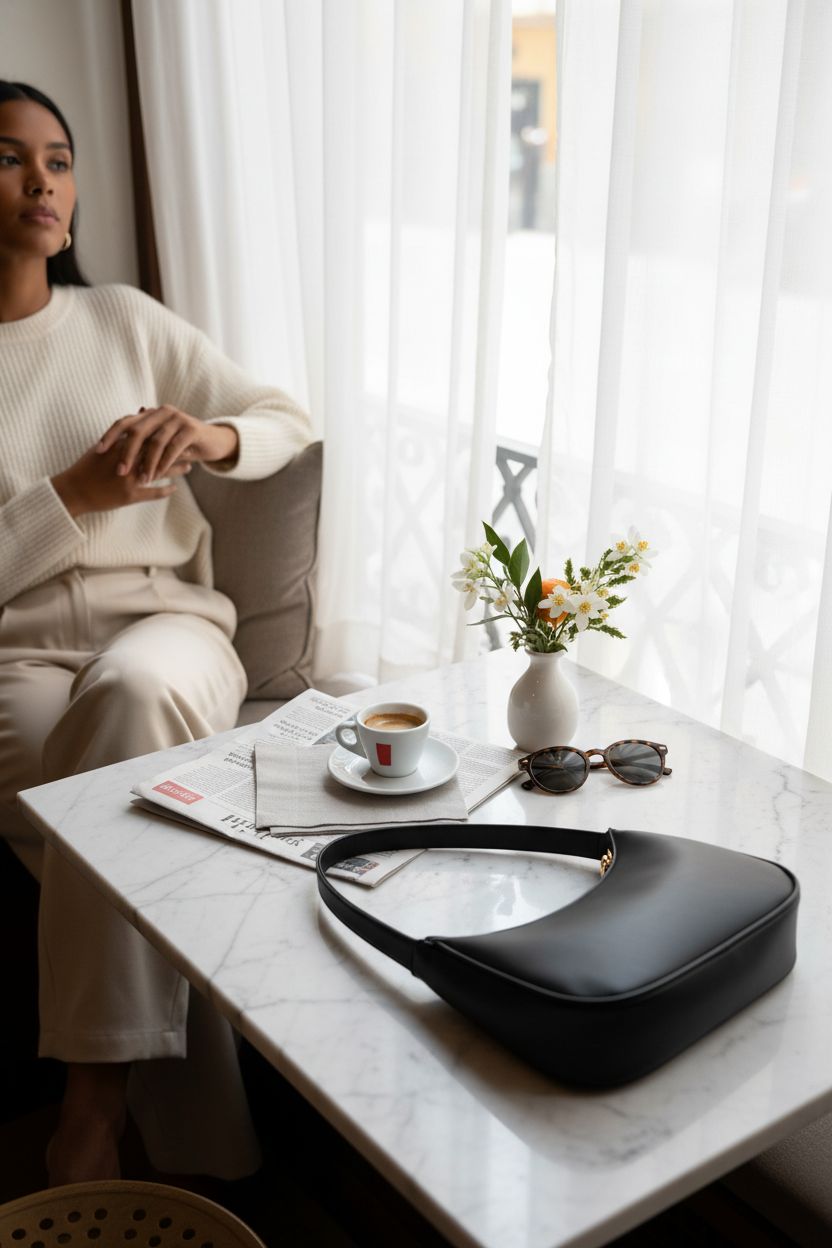 CYHTWSDJ mini hobo bag beside espresso and flowers in a cozy café setting
