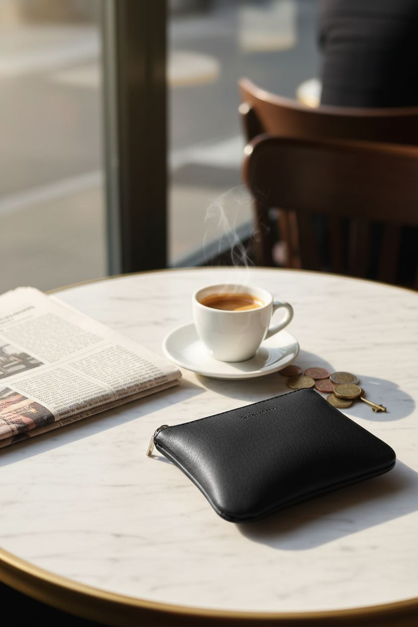 Black mini coin purse beside an espresso and newspaper on a marble table, emphasizing its sleek design.
