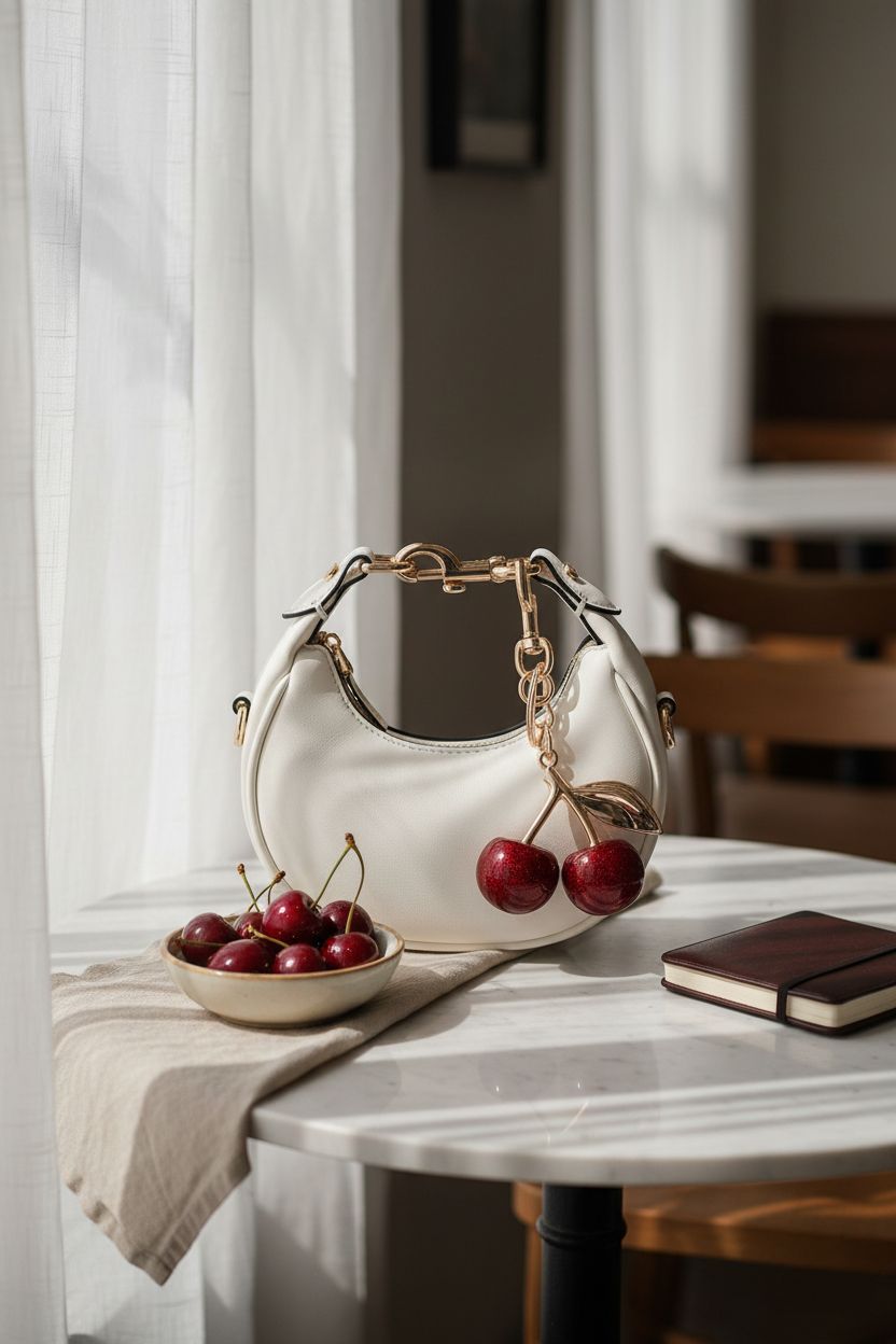 JQWSVE mini handbag resting on a marble tabletop, creating a cozy café ambiance.