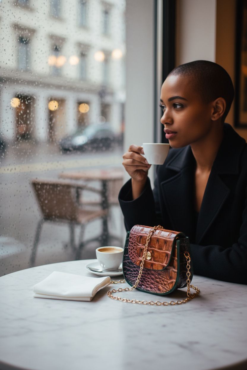 Cozy scene with Makcr Joacbv mini purse beside espresso at a café