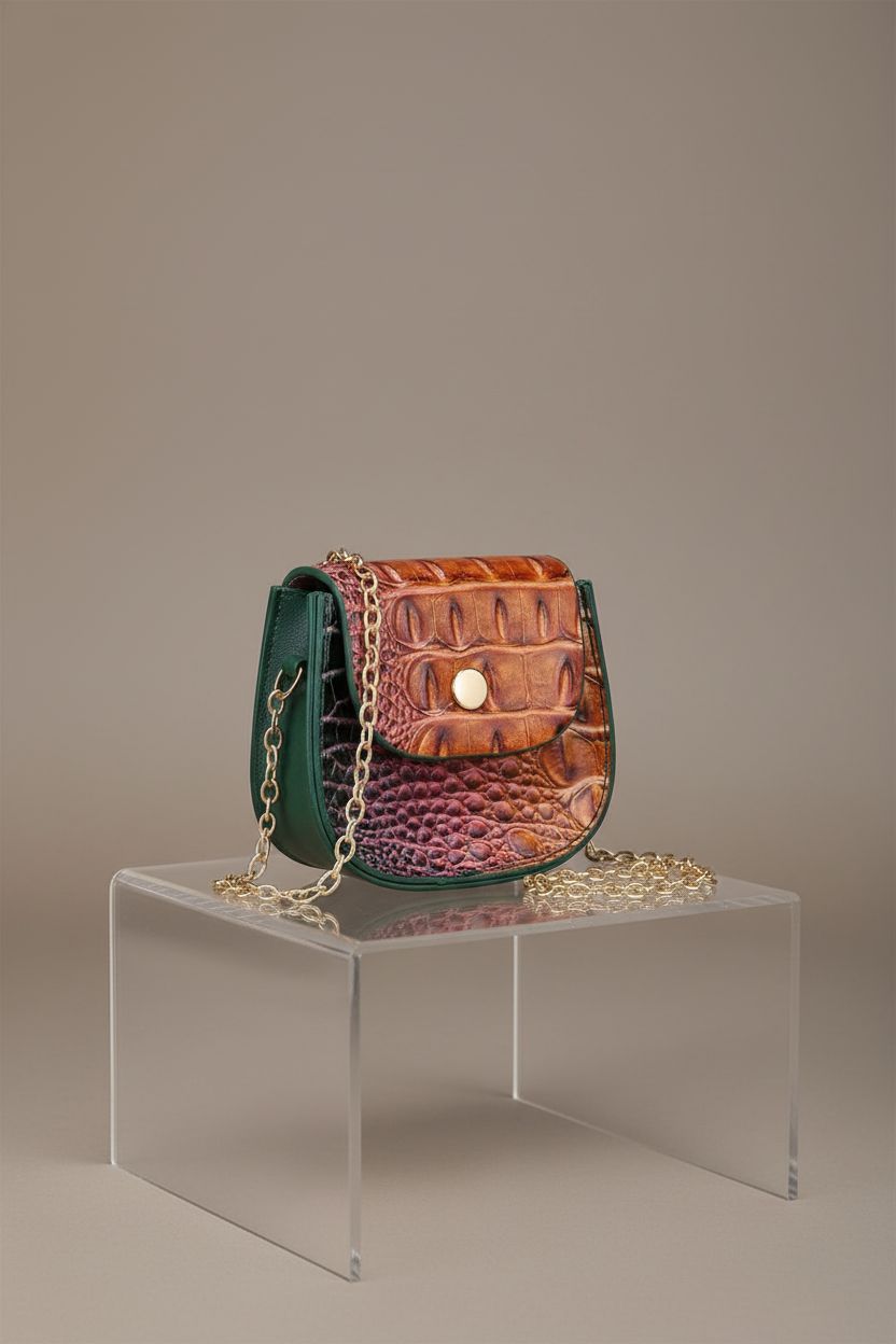 Detailed view of Makcr Joacbv mini crocodile embossed purse on gray background