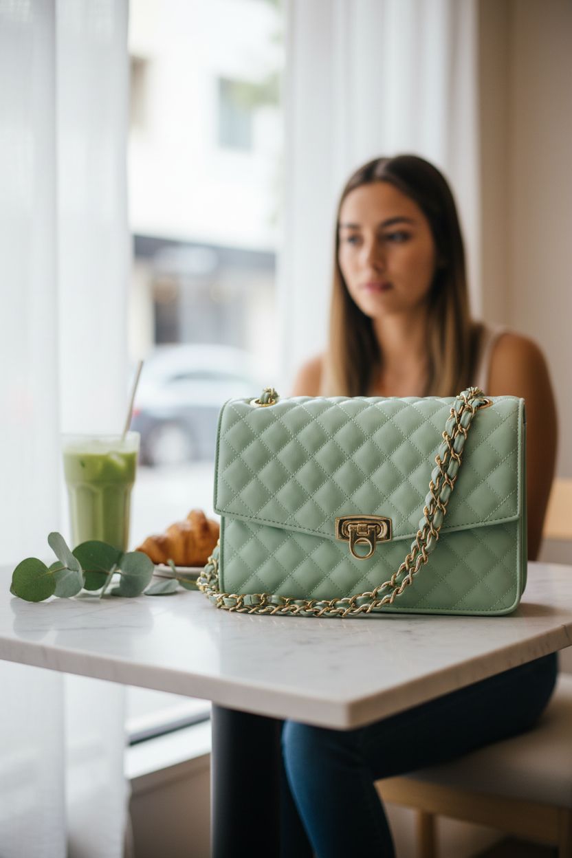 GM LIKKIE mint green purse on marble table next to matcha and croissant, cozy café vibe