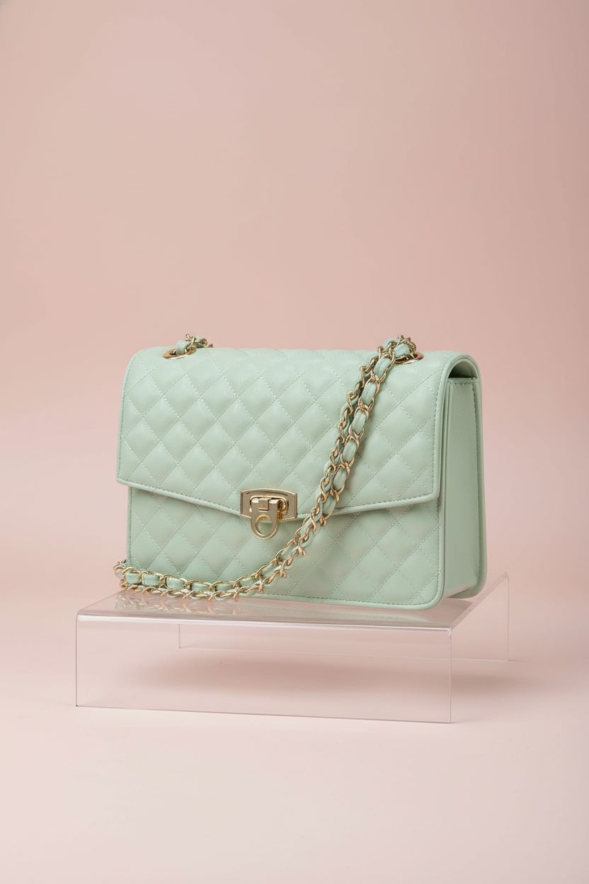 GM LIKKIE mint green crossbody handbag displayed elegantly on an acrylic stand