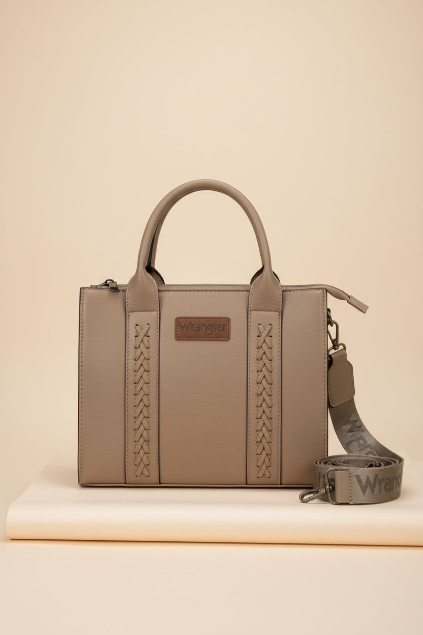 Close-up of the khaki Wrangler tote bag highlighting its zipper and structured design, perfect for moms.