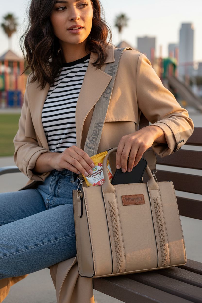 Khaki Wrangler tote bag on a bench at a playground, perfect for snacks and essentials for moms.