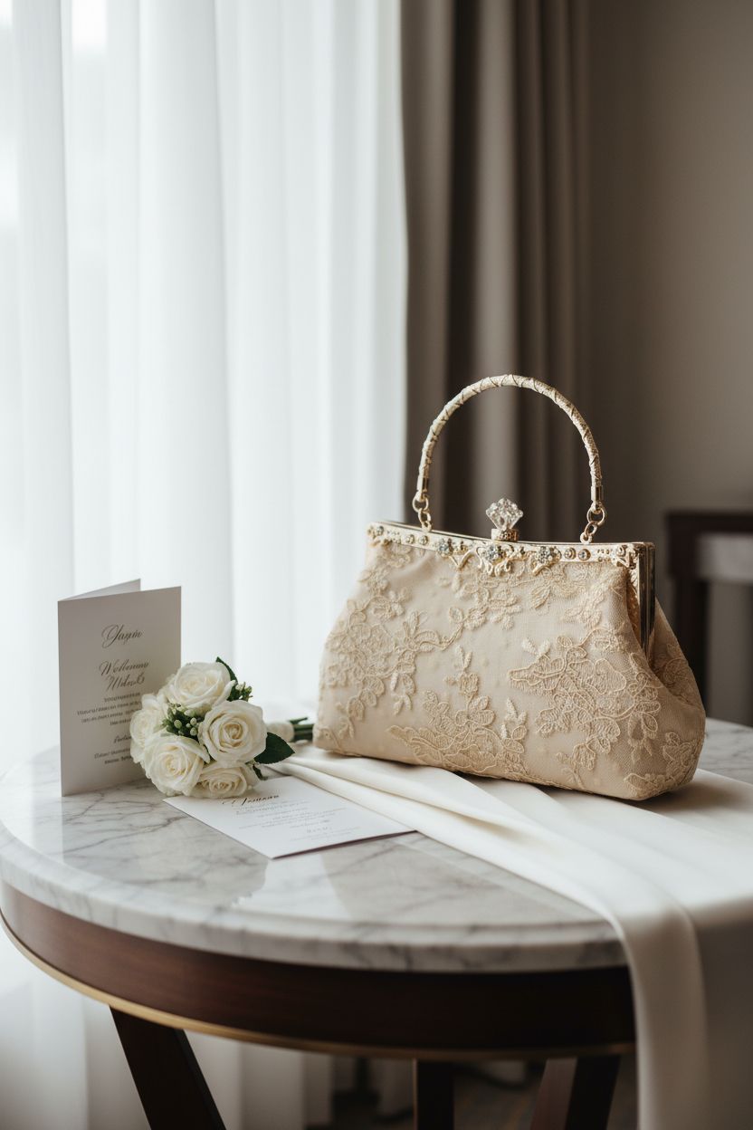 UBORSE champagne lace clutch showcased with roses in elegant hotel suite setting.