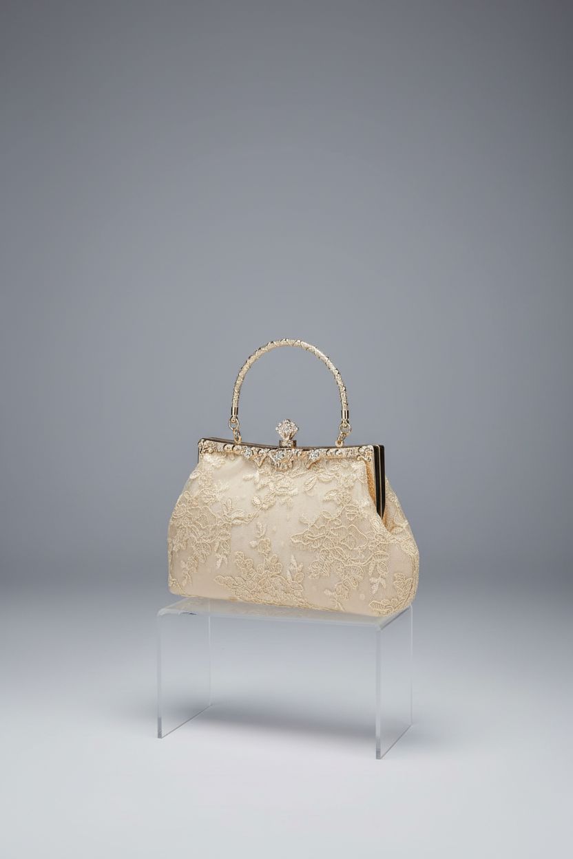 Product image of UBORSE vintage lace clutch bag with rhinestone details on gray backdrop.