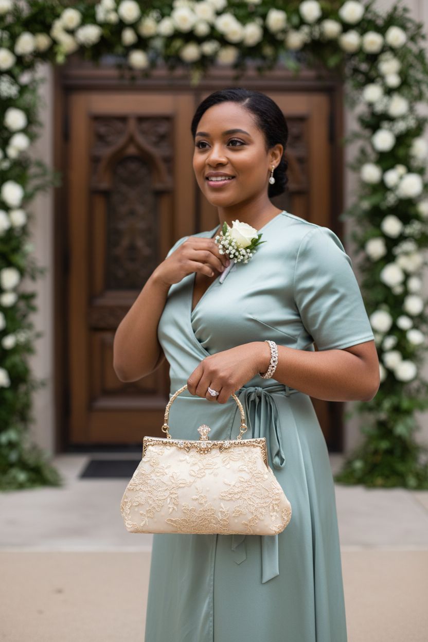 Stylish champagne clutch purse by UBORSE enhances soft-sage dress for wedding events.