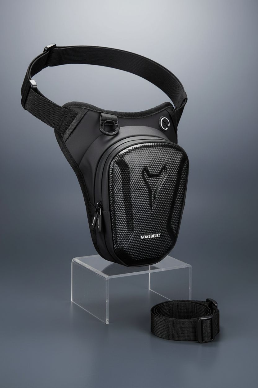 Yucenbra motorcycle hip bag showcased on a studio backdrop, emphasizing its sleek design and quality.