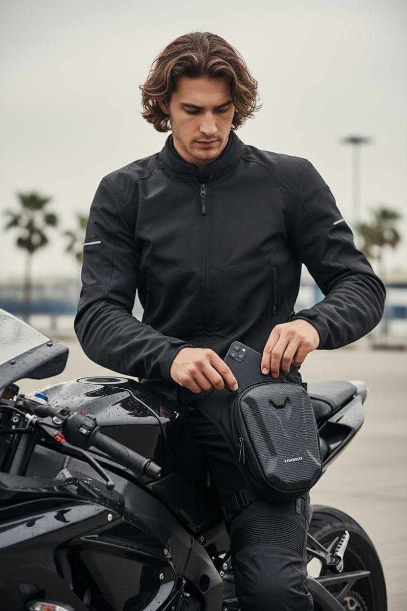 Yucenbra motorcycle hip bag with waterproof zipper, perfect for riders, showcased in action.