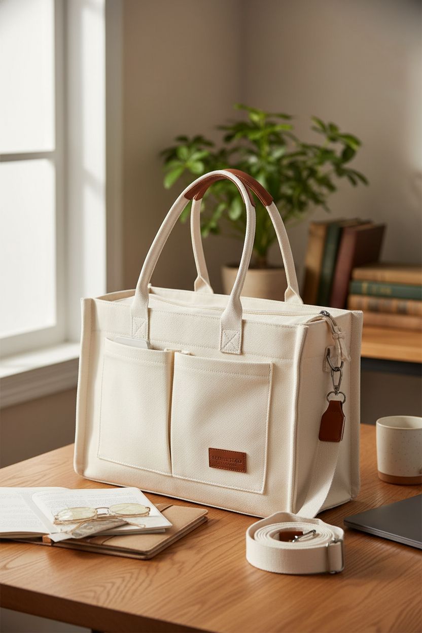 FIORETTO canvas tote bag on an oak table, showcasing academic style with planner and laptop