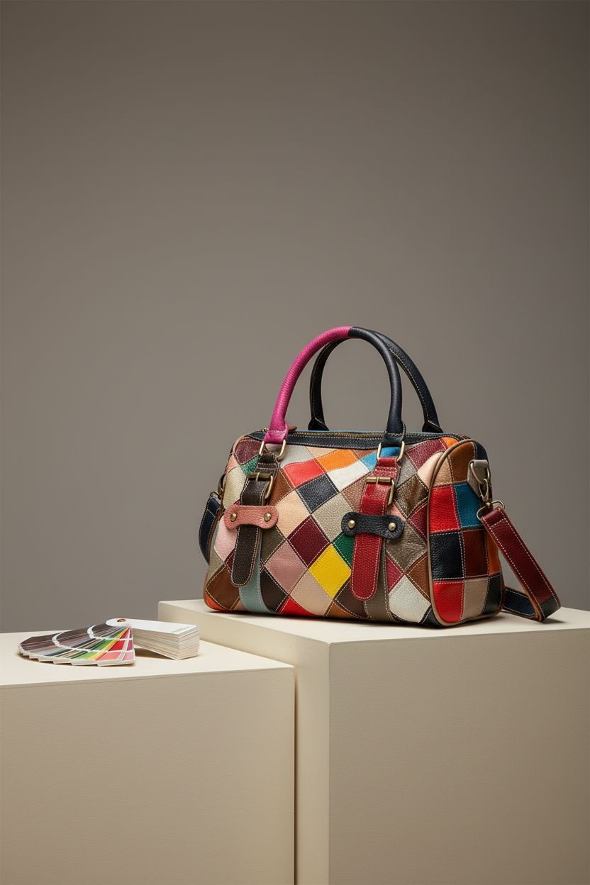 Downupdown multicolor handbag featured on a clean studio backdrop, highlighting its exquisite leather texture.