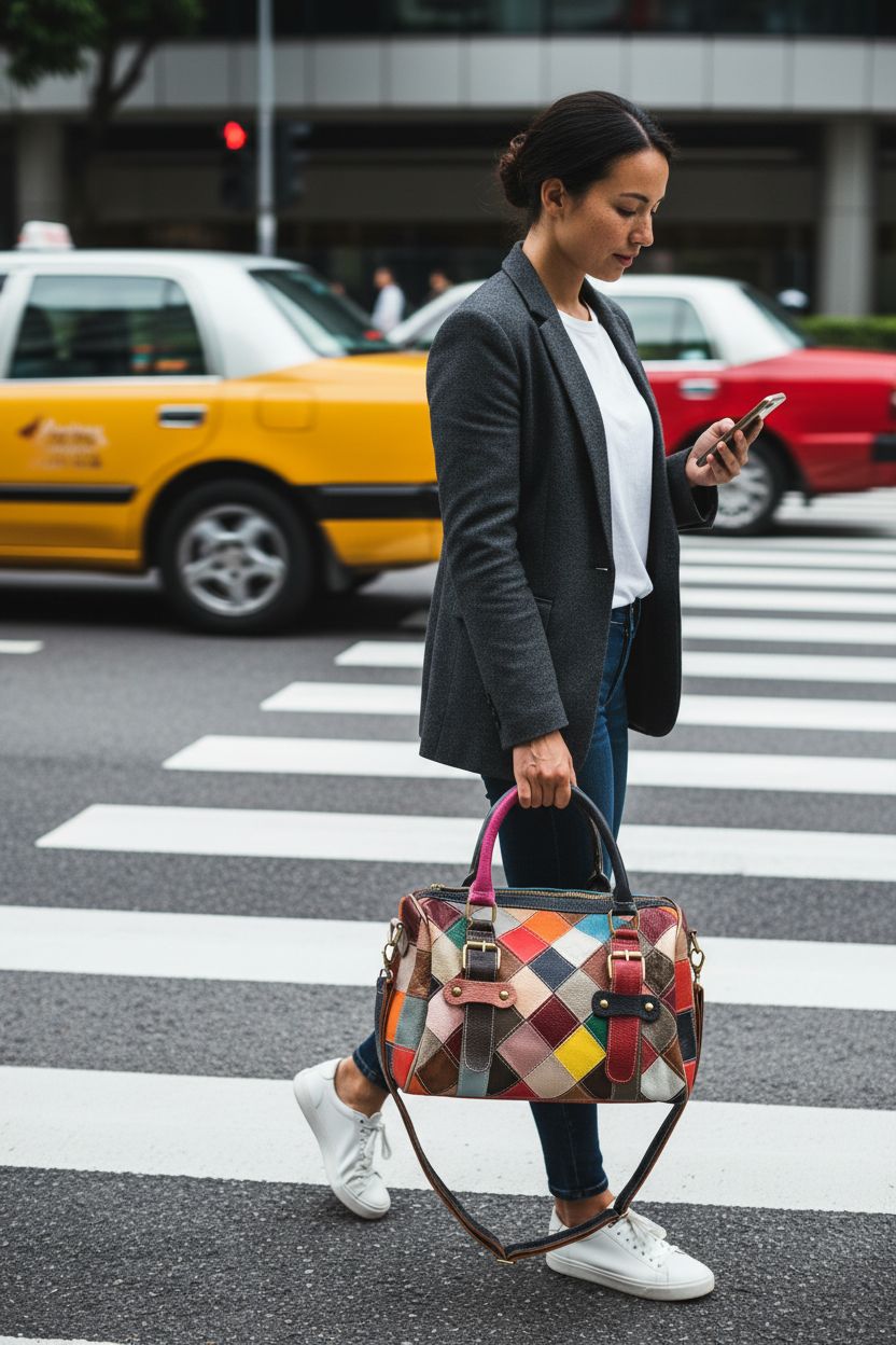 Downupdown multicolor handbag in genuine leather at a busy street, showcasing its vintage style.