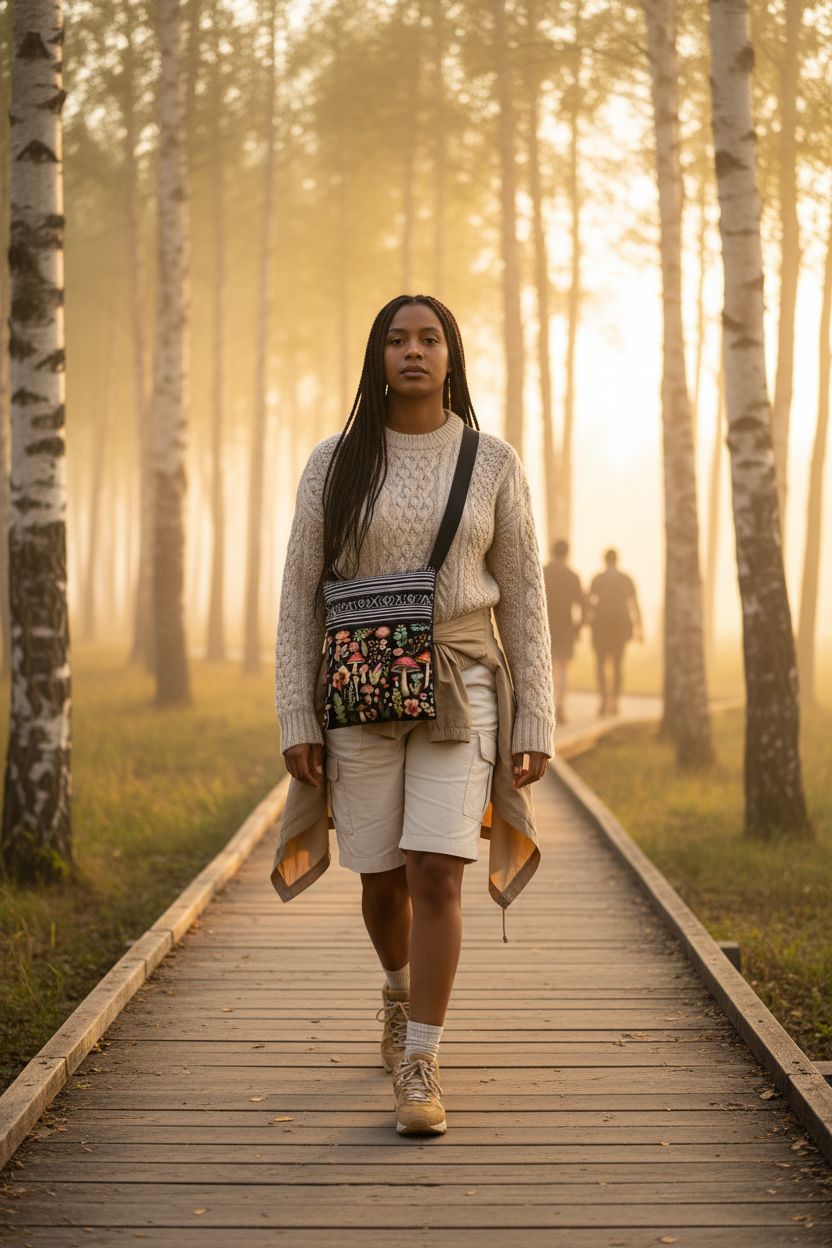 XiaoGalaee mushroom purse with floral design on a boardwalk in a misty forest setting.