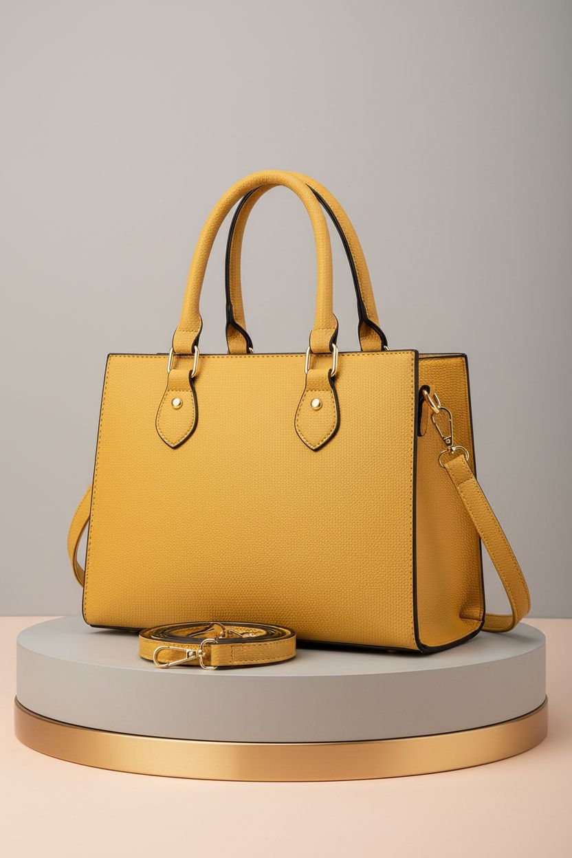 CHICAROUSAL mustard yellow tote purse displayed on a soft backdrop, showcasing its pebbled texture and design.