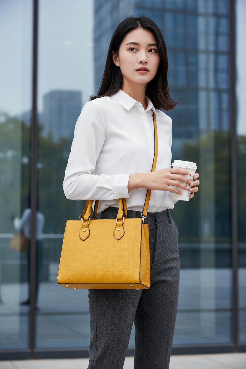CHICAROUSAL mustard yellow crossbody purse styled with charcoal trousers and white shirt outside a modern office.