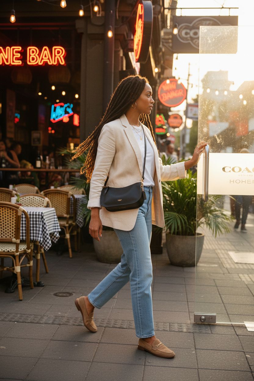 Coach Natural Grain Leather Waverly Bag worn crossbody outside a wine bar at golden hour