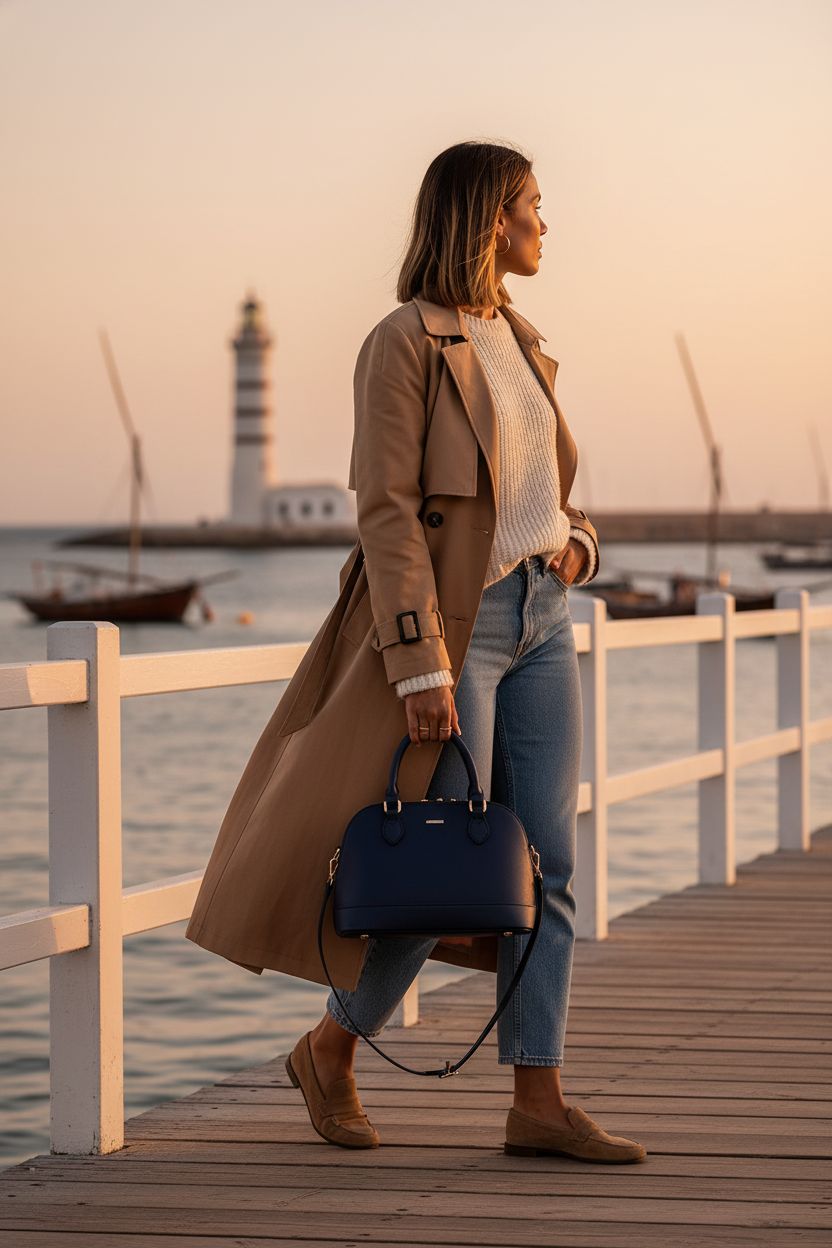 LOVEVOOK navy blue purse, carried during a coastal stroll, featuring a chic double zip design.
