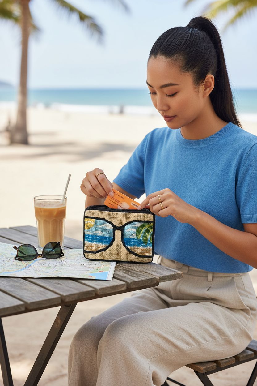 Life's a Beach Needlepoint Coin Purse Kit by Alice Peterson, open at a beachside café showing stitch detail.