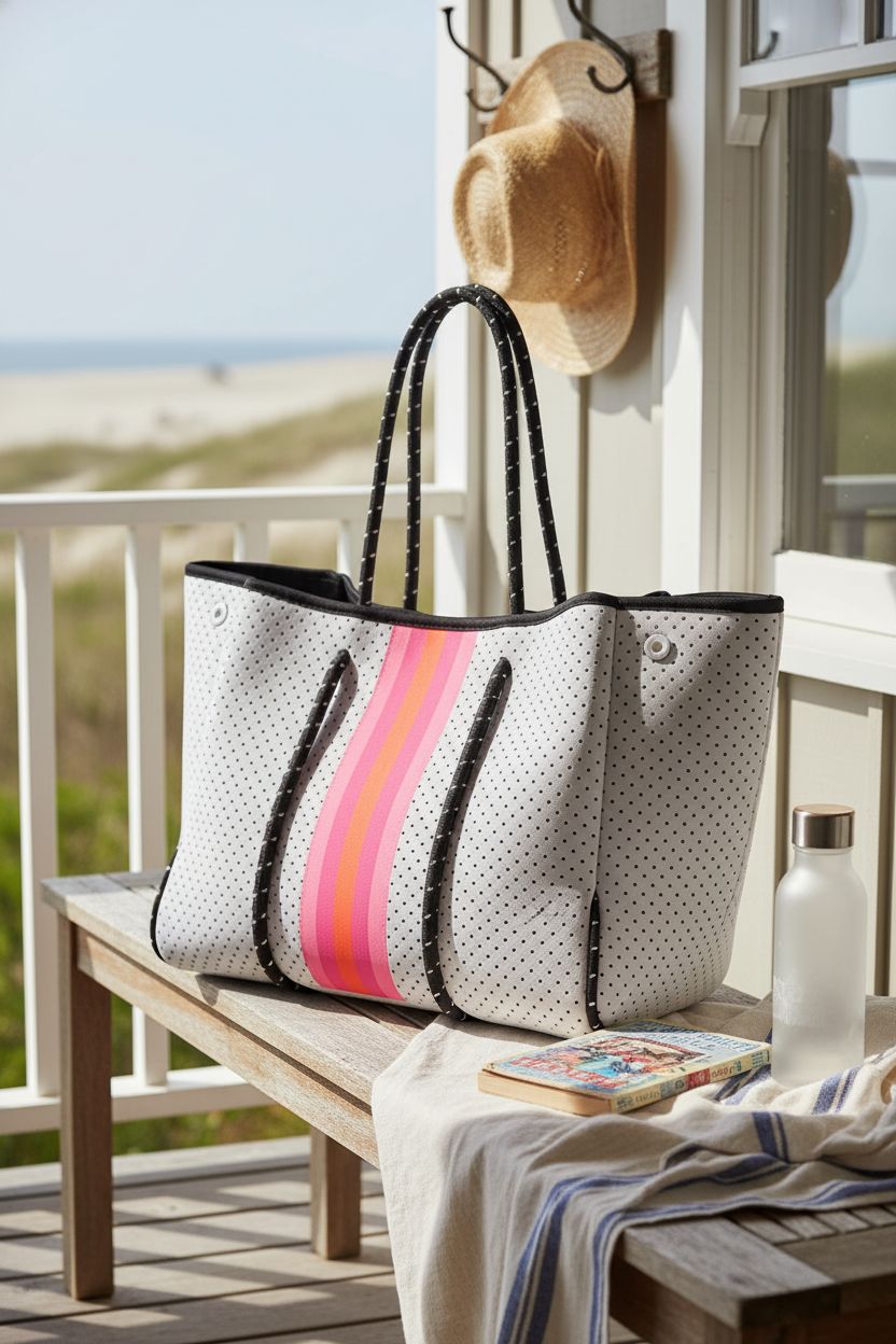 IBEE white neoprene tote bag resting on a porch with beach items nearby