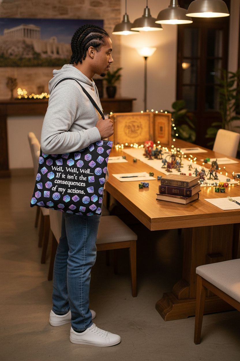 Black D&D tote bag with purple-blue dice print, perfect for RPG gamers, by GJTIM