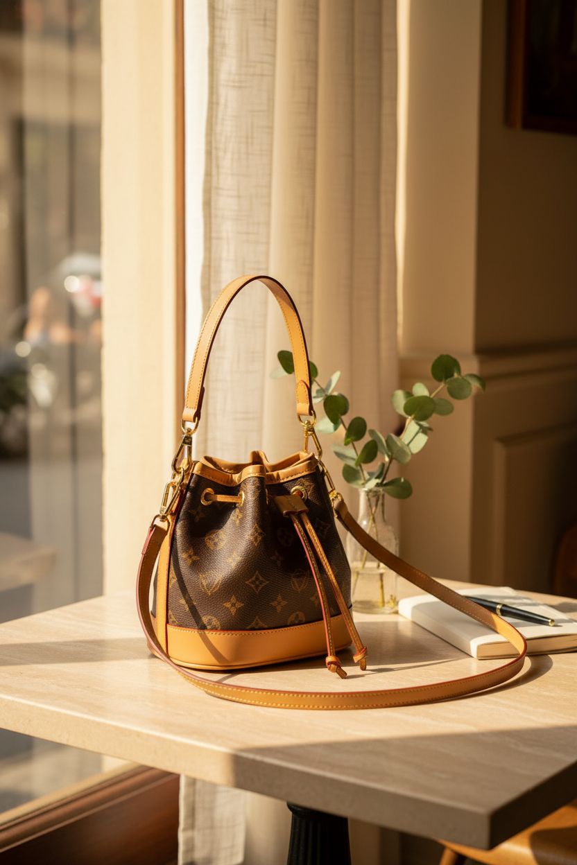 Designer monogram bucket bag in a cozy café setting, showcasing its stylish design and gold hardware.