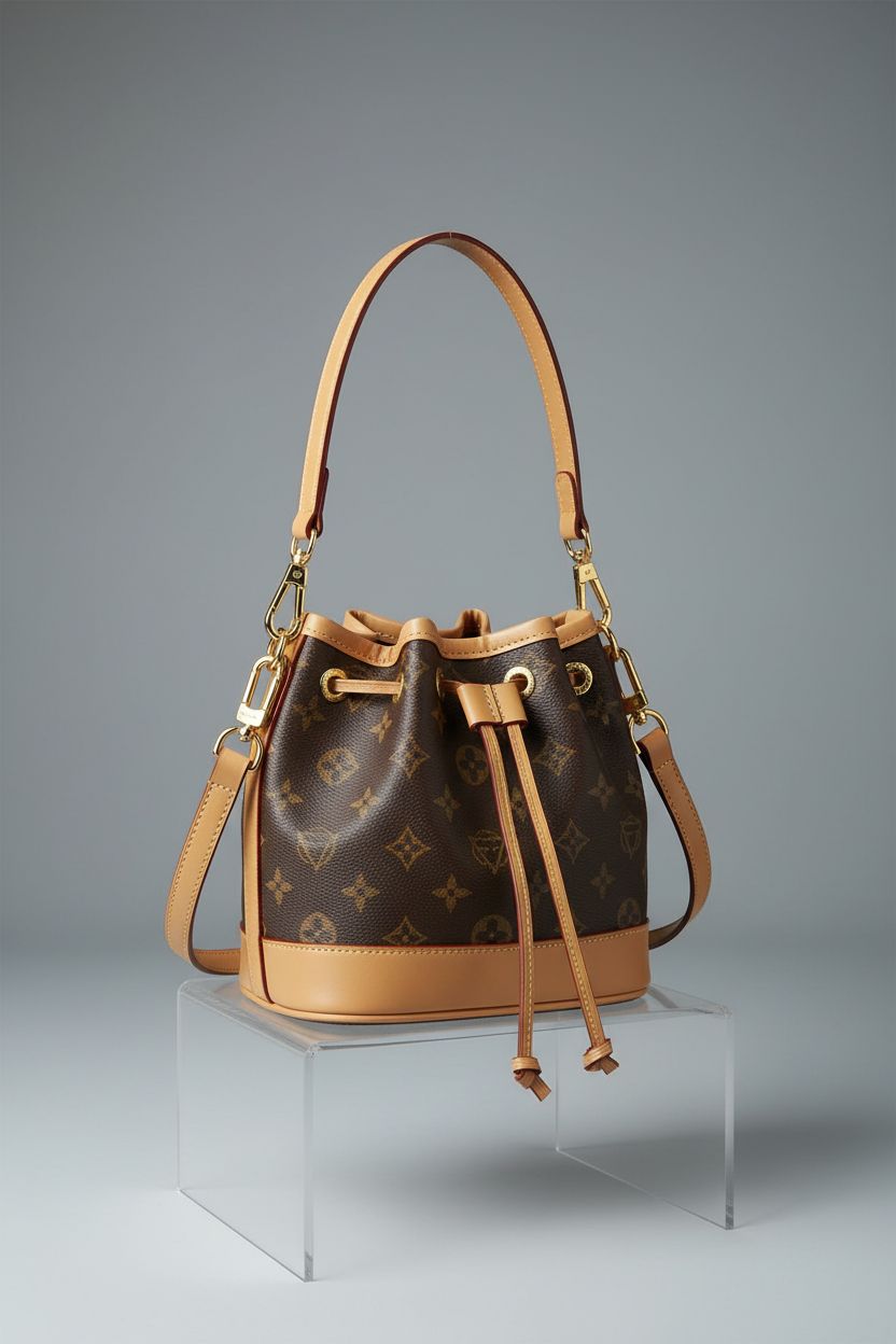 Front view of the khaki-coffee designer monogram bucket bag, highlighting its canvas texture and gold accents.