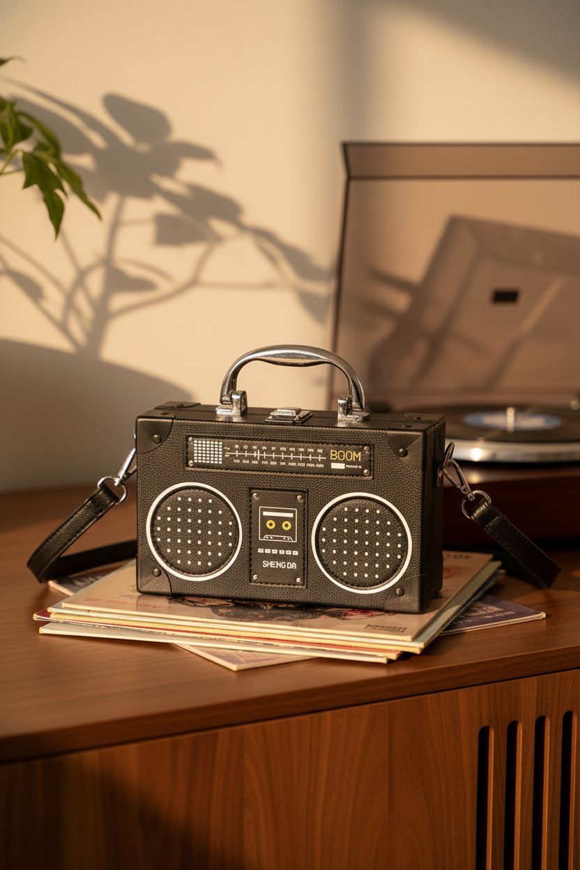 TAMMYFLYFLY radio-inspired bag on a walnut credenza in cozy living room.