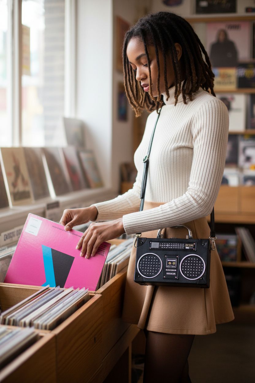 TAMMYFLYFLY vintage radio-shaped cross-body bag in indie record store setting.