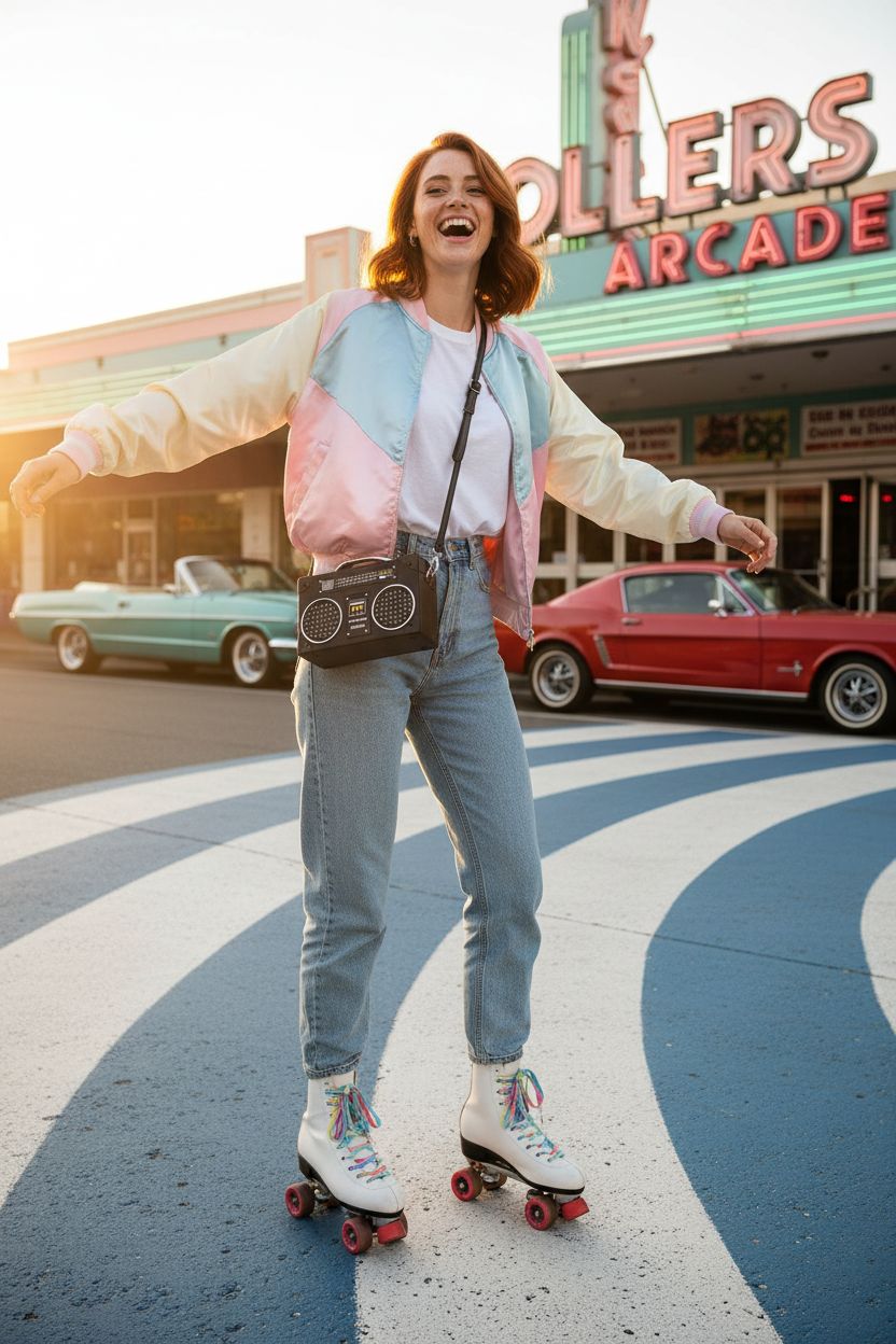 TAMMYFLYFLY black radio-shaped bag at retro roller rink during golden hour.