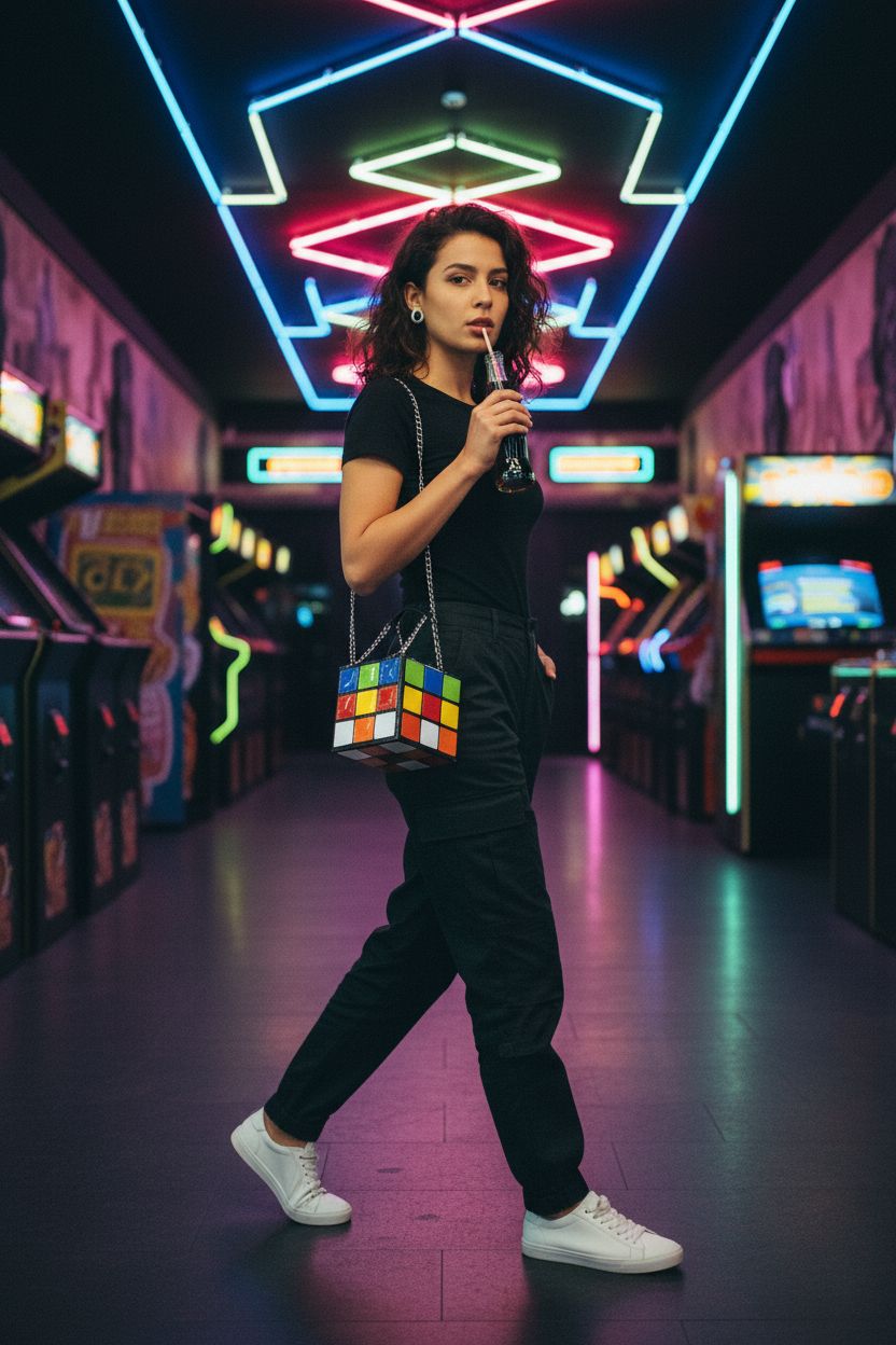 Colorful QZUnique cube shoulder bag swinging crossbody against a sleek black outfit in arcade