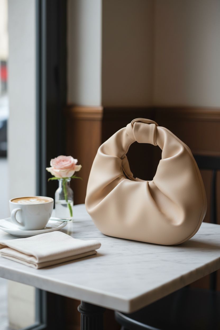 Serene setting with Verdusa ruched apricot bag beside a cappuccino and rose on marble table.